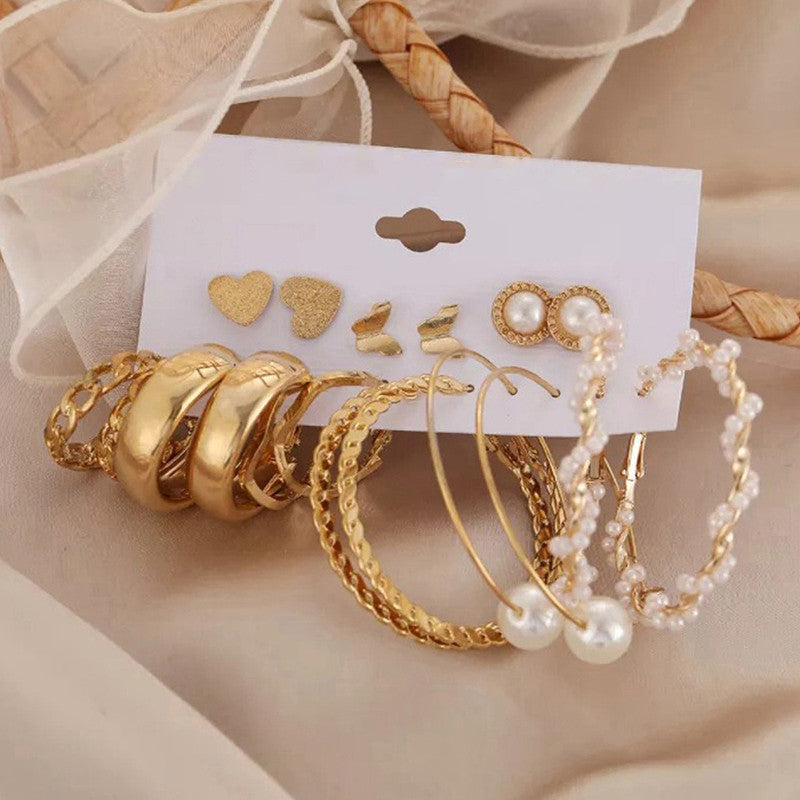 Gold Plated Contemporary Studs and Hoop Earrings Set of 9 For Women