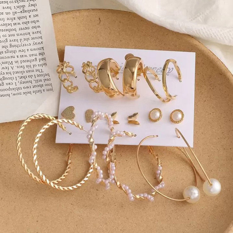 Gold Plated Contemporary Studs and Hoop Earrings Set of 9 For Women