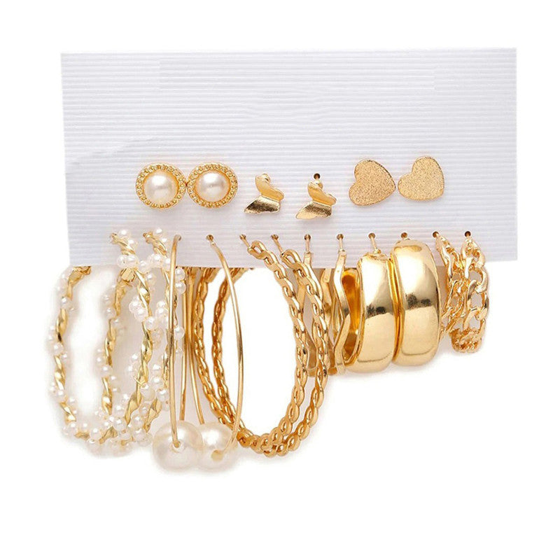 Gold Plated Contemporary Studs and Hoop Earrings Set of 9 For Women