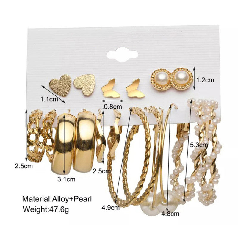 Gold Plated Contemporary Studs and Hoop Earrings Set of 9 For Women