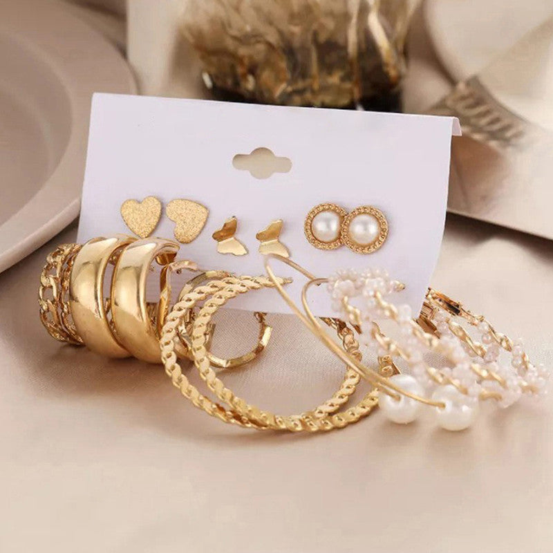 Gold Plated Contemporary Studs and Hoop Earrings Set of 9 For Women