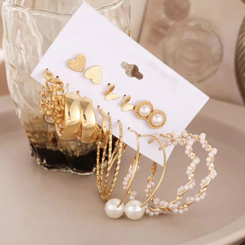 Gold Plated Contemporary Studs and Hoop Earrings Set of 9 For Women