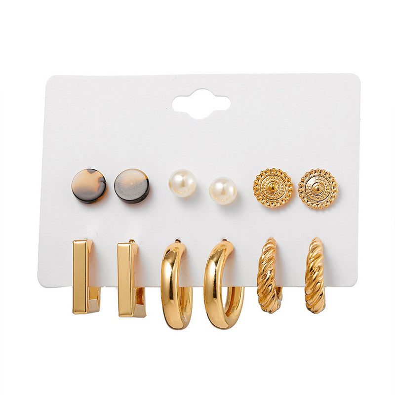 Gold Plated Multi Contemporary Studs and Hoop Earrings Set of 9 For Women - MySmartBazaar