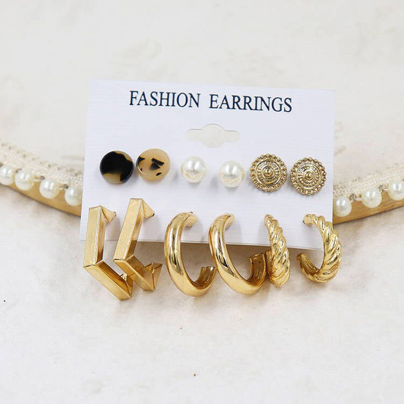 Gold Plated Multi Contemporary Studs and Hoop Earrings Set of 9 For Women - MySmartBazaar