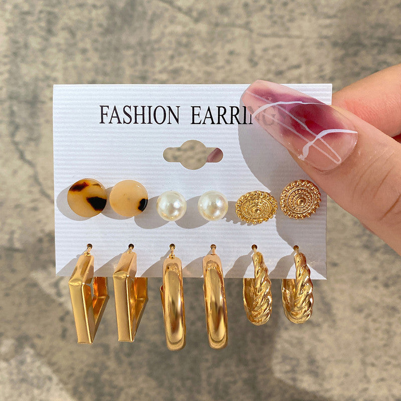 Gold Plated Multi Contemporary Studs and Hoop Earrings Set of 9 For Women - MySmartBazaar