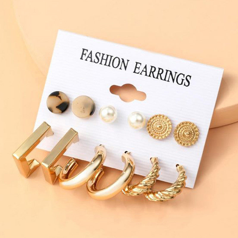 Gold Plated Multi Contemporary Studs and Hoop Earrings Set of 9 For Women - MySmartBazaar