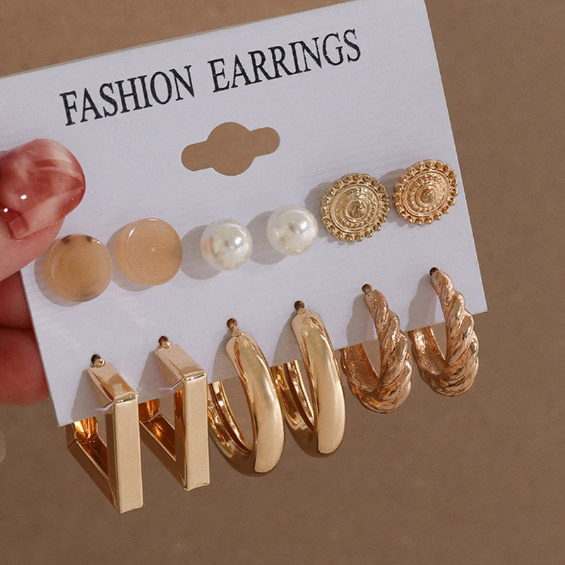 Gold Plated Multi Contemporary Studs and Hoop Earrings Set of 9 For Women - MySmartBazaar