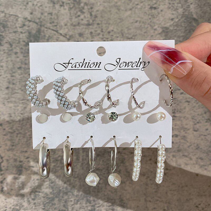 Silver Plated Silver-Toned Contemporary Hoop Earrings Set of 9 For Women