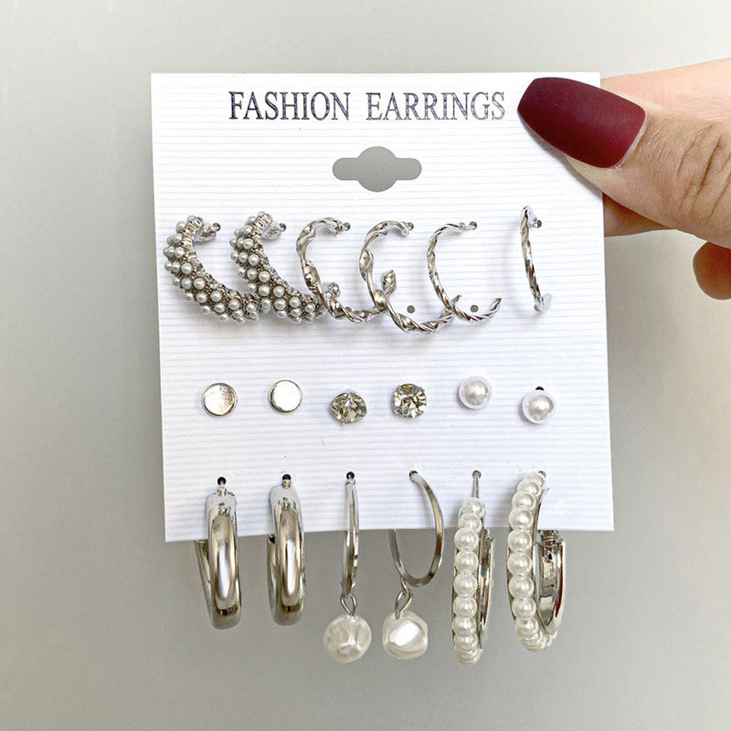 Silver Plated Silver-Toned Contemporary Hoop Earrings Set of 9 For Women