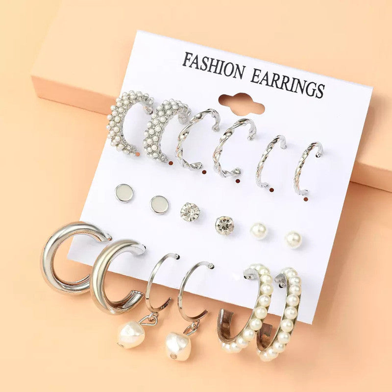 Silver Plated Silver-Toned Contemporary Hoop Earrings Set of 9 For Women