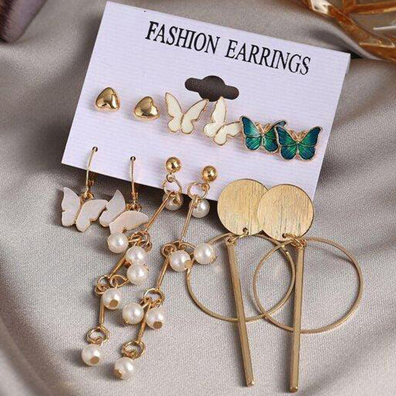 Gold Plated Butterfly Inspired Contemporary Studs and Drop Earrings Set of 6 For Women