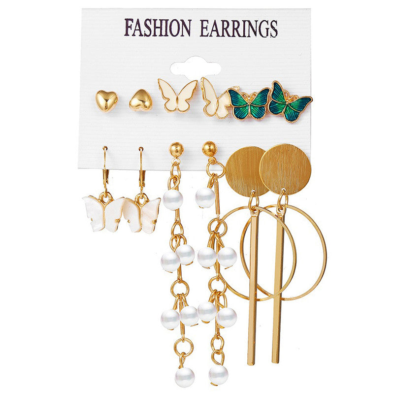 Gold Plated Butterfly Inspired Contemporary Studs and Drop Earrings Set of 6 For Women