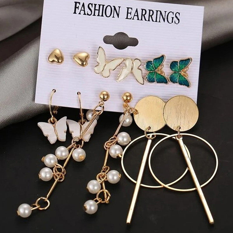 Gold Plated Butterfly Inspired Contemporary Studs and Drop Earrings Set of 6 For Women