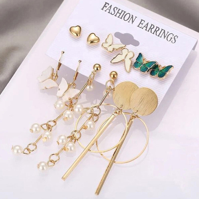 Gold Plated Butterfly Inspired Contemporary Studs and Drop Earrings Set of 6 For Women