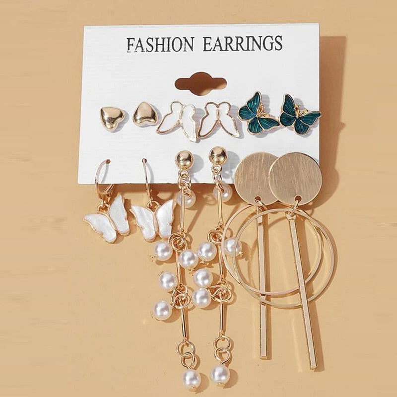 Gold Plated Butterfly Inspired Contemporary Studs and Drop Earrings Set of 6 For Women