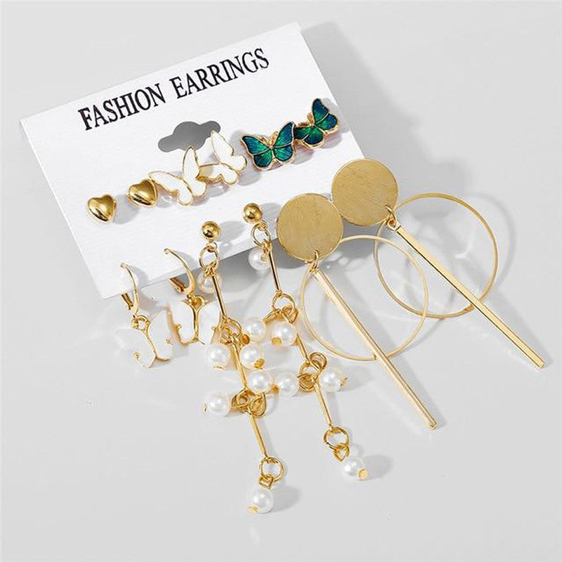 Gold Plated Butterfly Inspired Contemporary Studs and Drop Earrings Set of 6 For Women