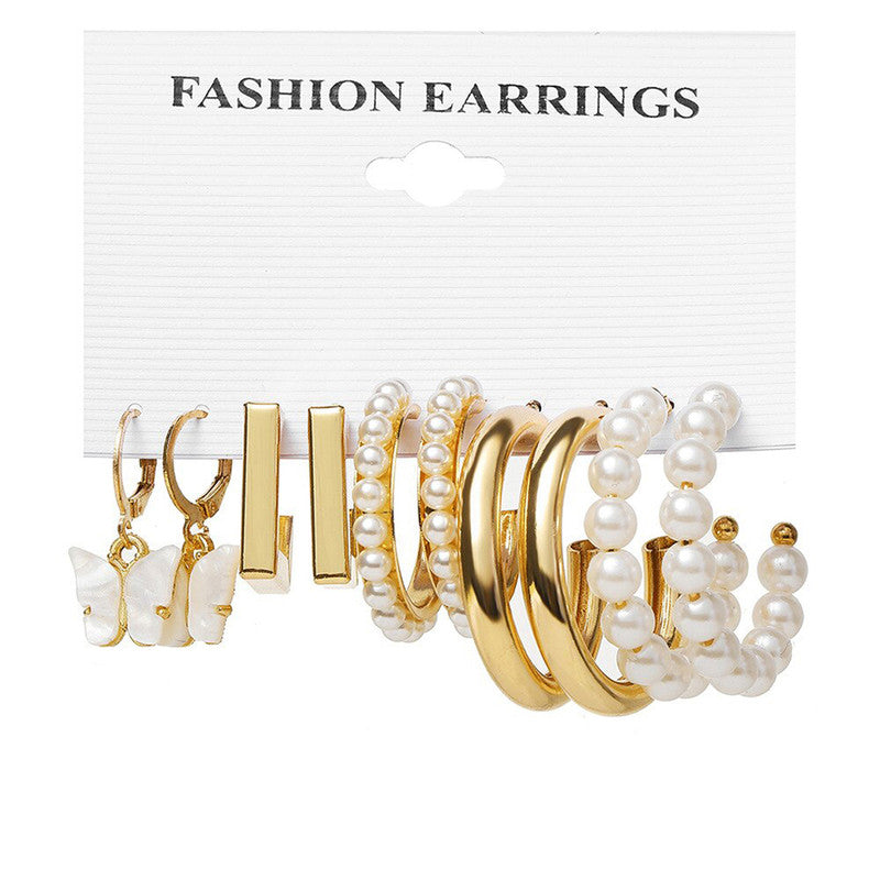 Gold Plated Contemporary Drop and Hoop Earrings Set of 5 For Women