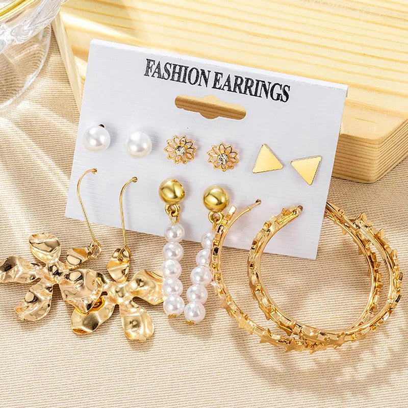 Gold Plated White Studs, Hoops and Drop Earrings Set of 6 For Women - MySmartBazaar