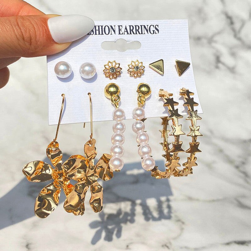 Gold Plated White Studs, Hoops and Drop Earrings Set of 6 For Women