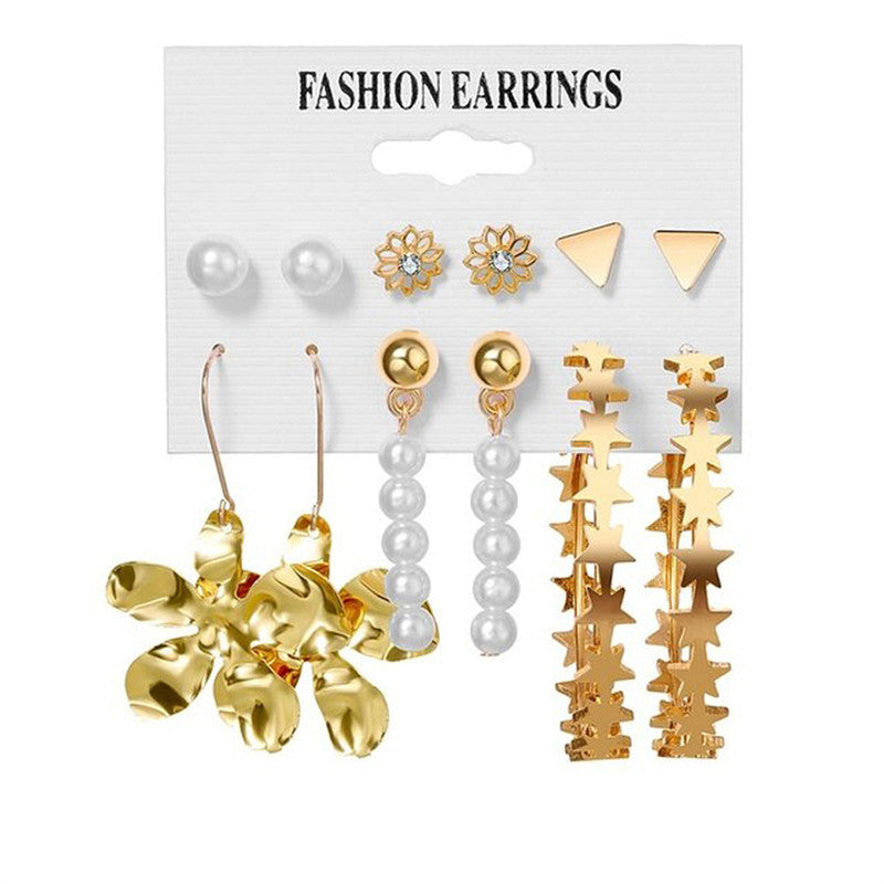 Gold Plated White Studs, Hoops and Drop Earrings Set of 6 For Women - MySmartBazaar