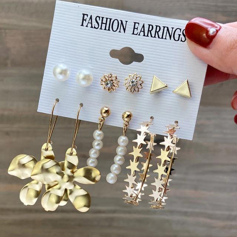 Gold Plated White Studs, Hoops and Drop Earrings Set of 6 For Women - MySmartBazaar