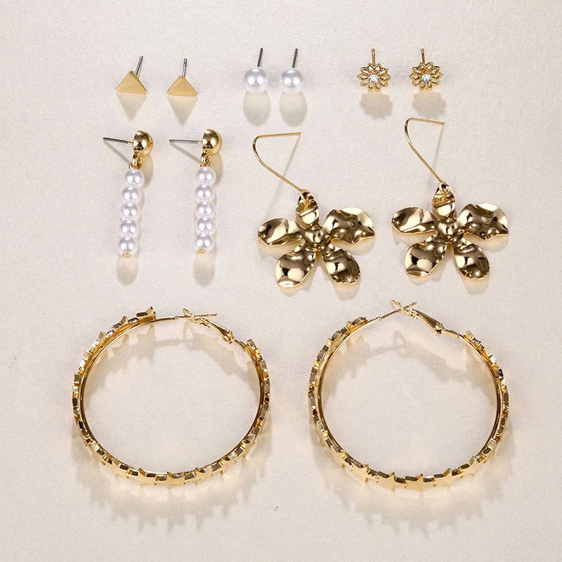 Gold Plated White Studs, Hoops and Drop Earrings Set of 6 For Women