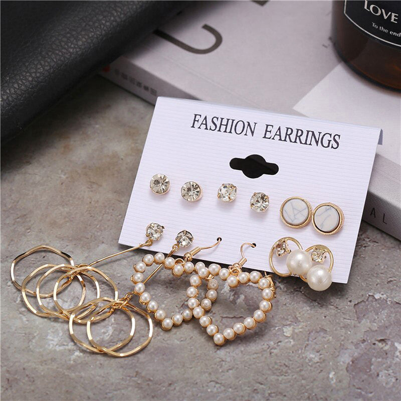 Gold Plated White Studs and Drop Earrings Set of 6 For Women