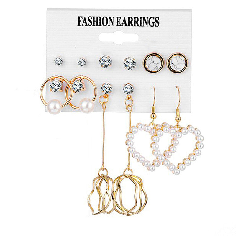 Gold Plated White Studs and Drop Earrings Set of 6 For Women