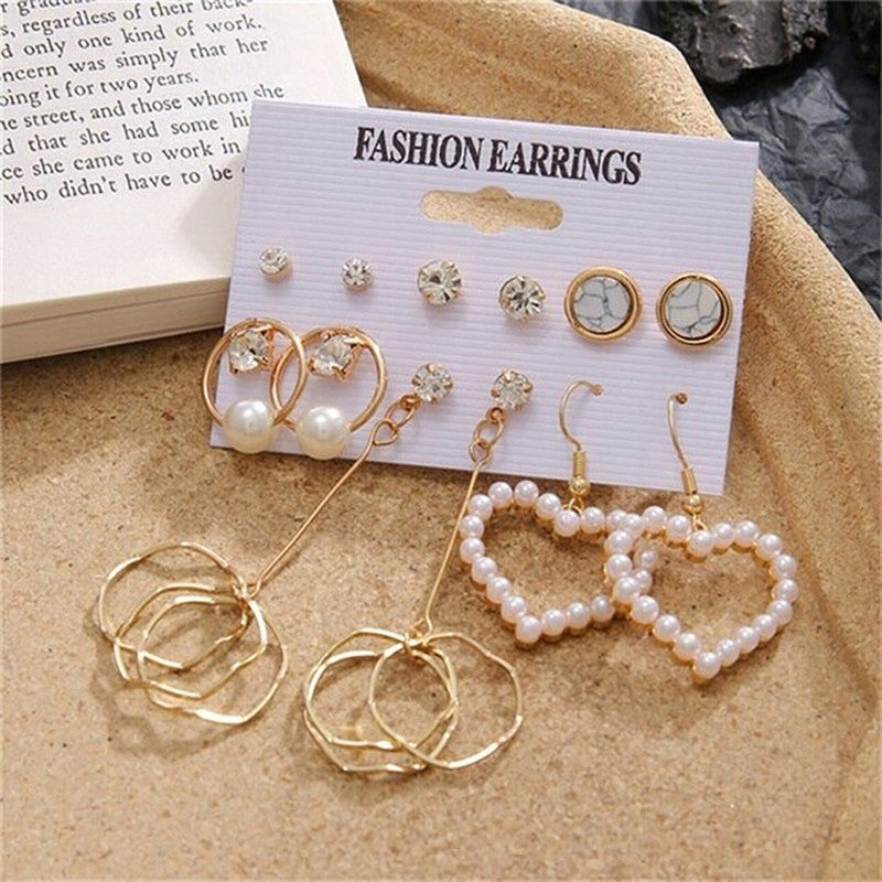 Gold Plated White Studs and Drop Earrings Set of 6 For Women