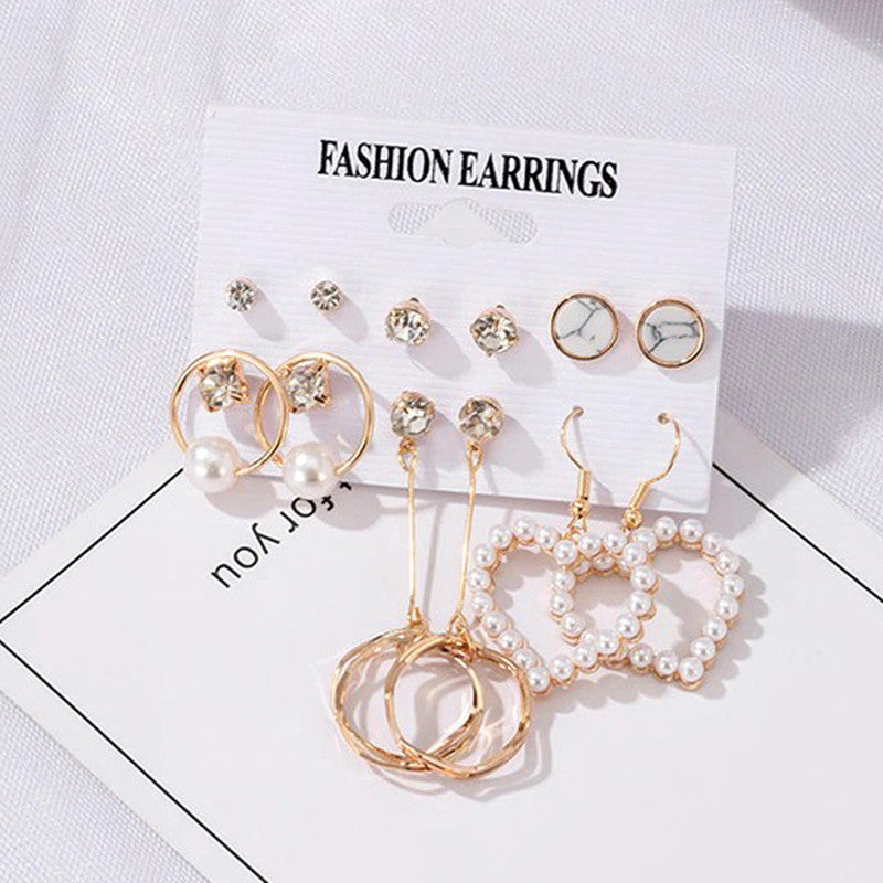 Gold Plated White Studs and Drop Earrings Set of 6 For Women