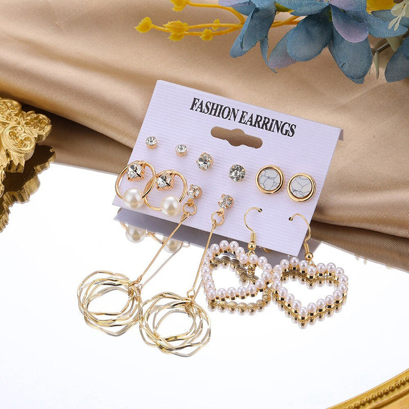 Gold Plated White Studs and Drop Earrings Set of 6 For Women