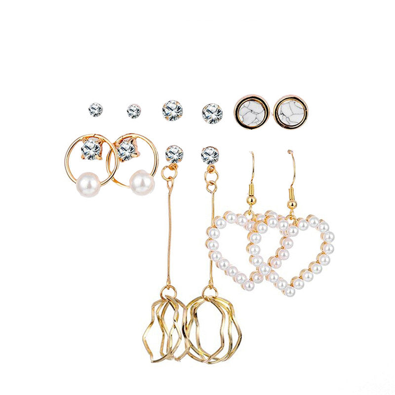 Gold Plated White Studs and Drop Earrings Set of 6 For Women