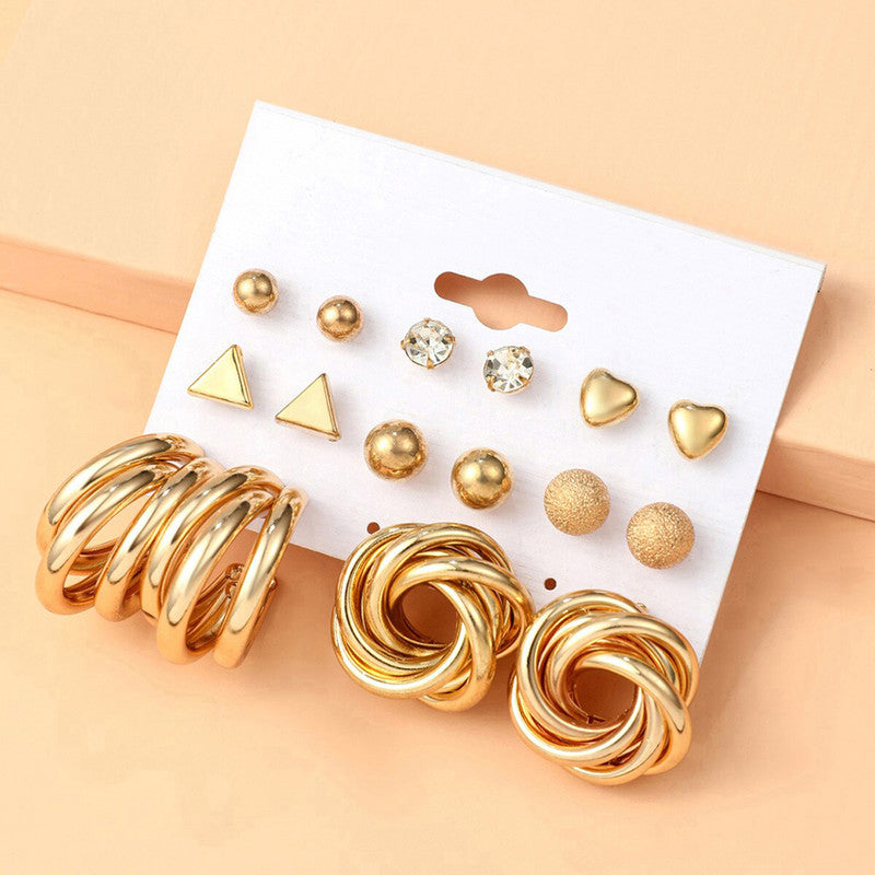 Gold Plated Contemporary Studs and Hoop Earrings Set of 8 For Women