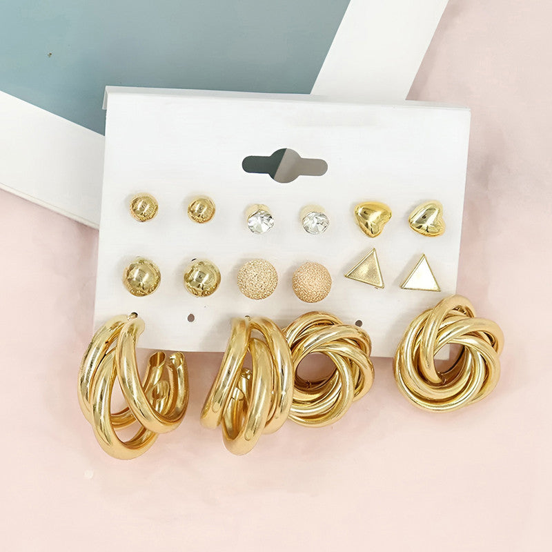 Gold Plated Contemporary Studs and Hoop Earrings Set of 8 For Women