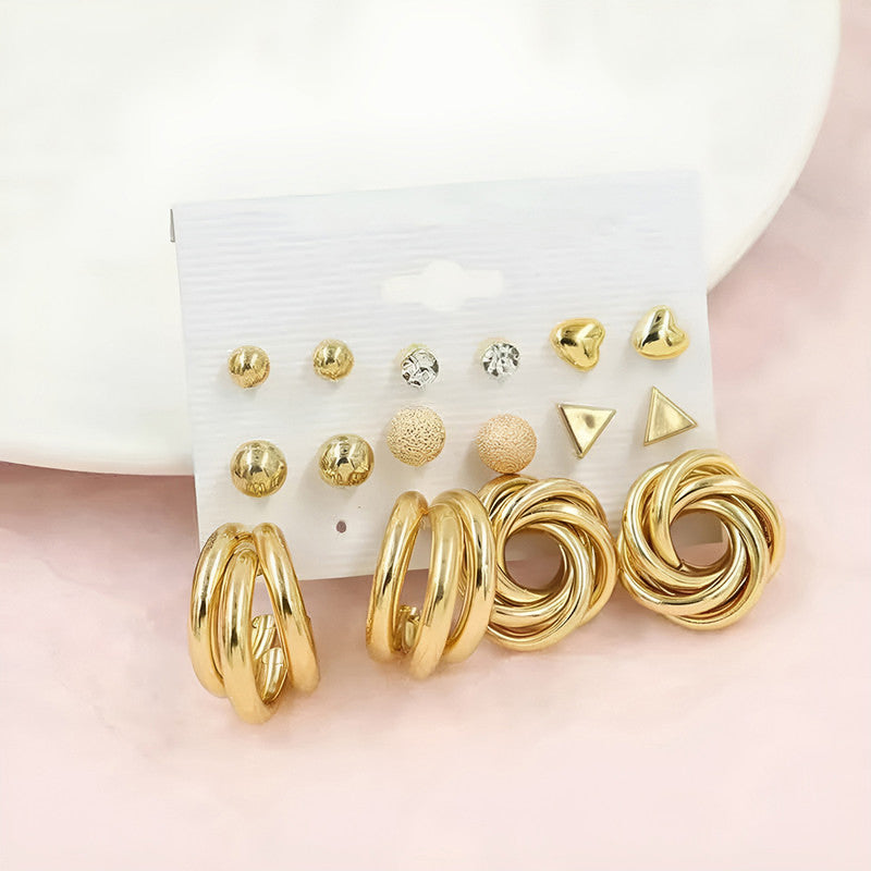 Gold Plated Contemporary Studs and Hoop Earrings Set of 8 For Women