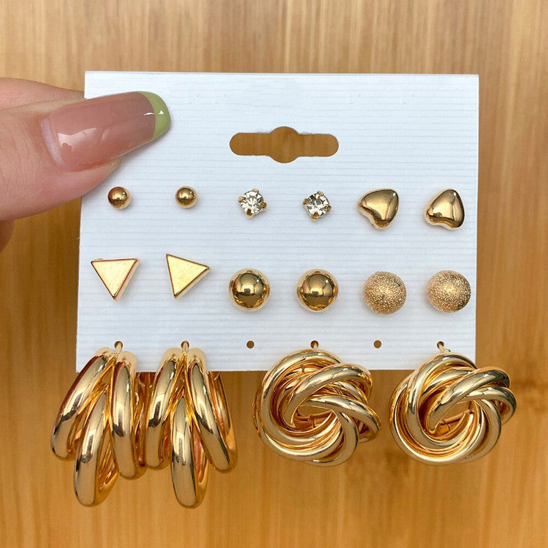 Gold Plated Contemporary Studs and Hoop Earrings Set of 8 For Women