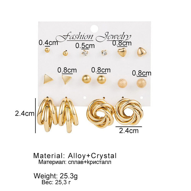 Gold Plated Contemporary Studs and Hoop Earrings Set of 8 For Women