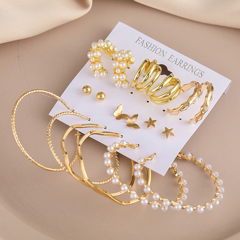 Gold Plated Contemporary Studs and Hoop Earrings Set of 9