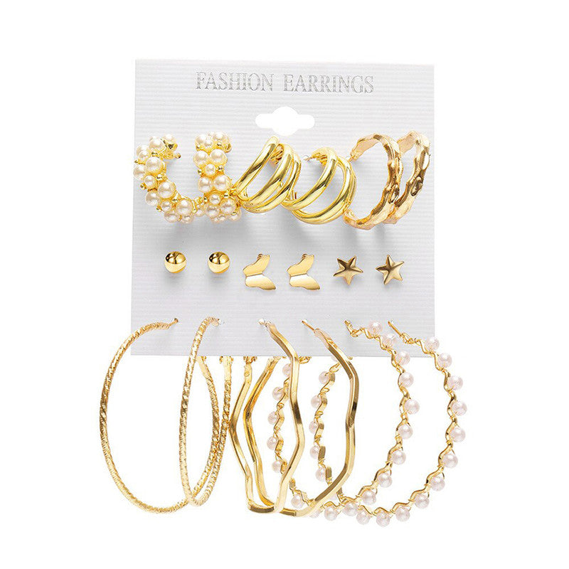 Gold Plated Contemporary Studs and Hoop Earrings Set of 9