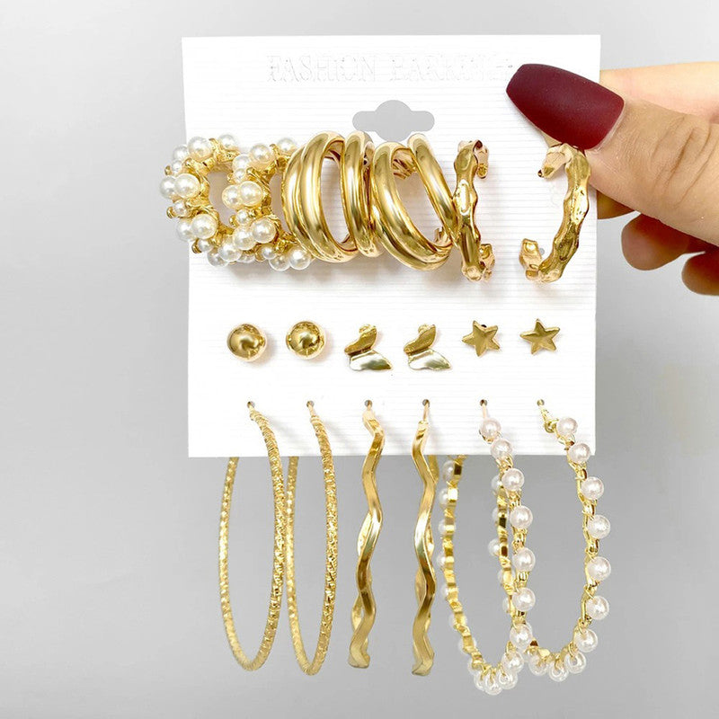 Gold Plated Contemporary Studs and Hoop Earrings Set of 9