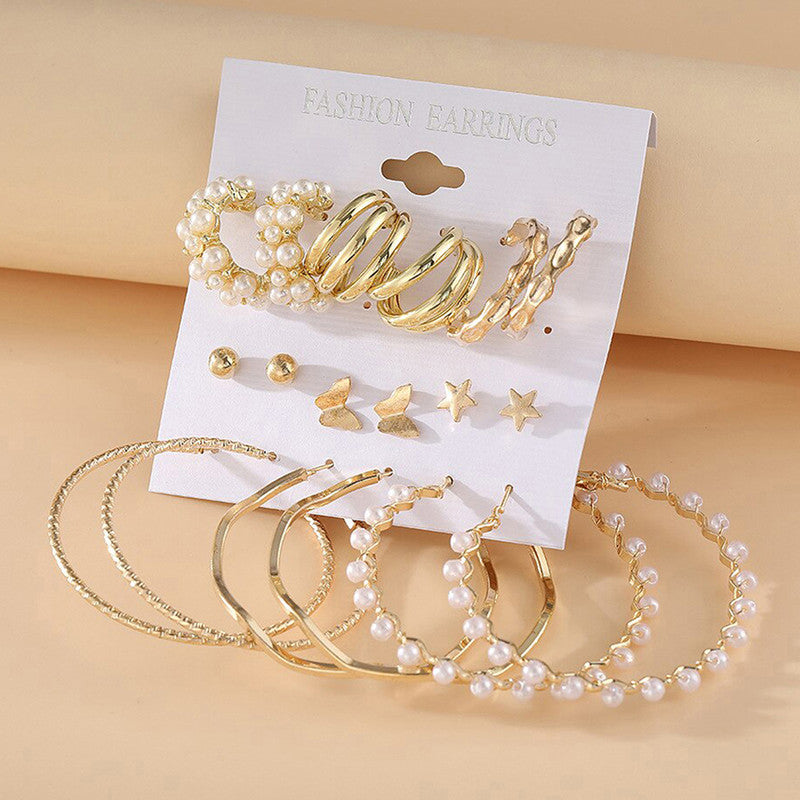 Gold Plated Contemporary Studs and Hoop Earrings Set of 9