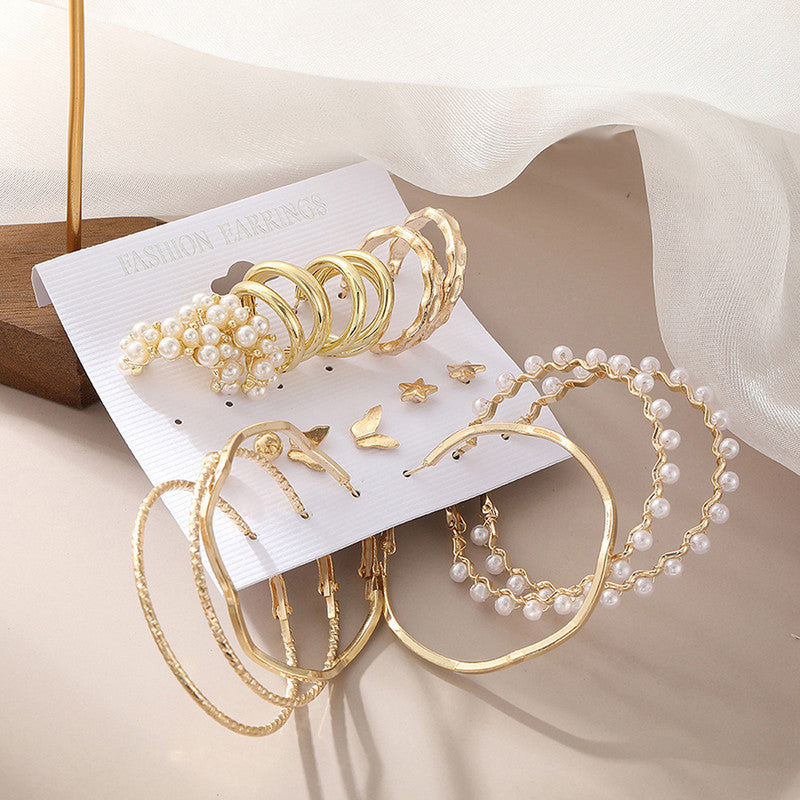 Gold Plated Contemporary Studs and Hoop Earrings Set of 9