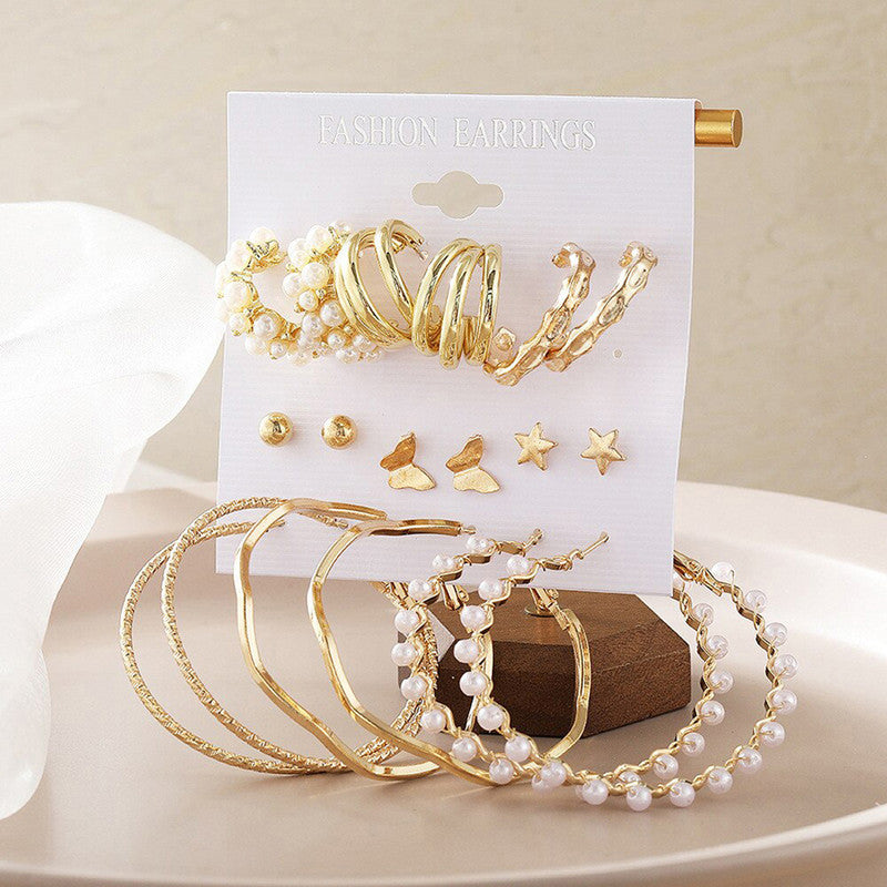 Gold Plated Contemporary Studs and Hoop Earrings Set of 9