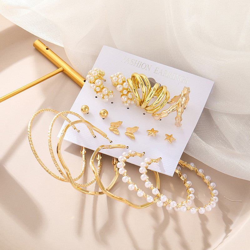 Gold Plated Contemporary Studs and Hoop Earrings Set of 9