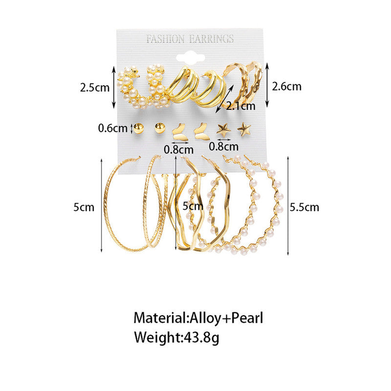 Gold Plated Contemporary Studs and Hoop Earrings Set of 9