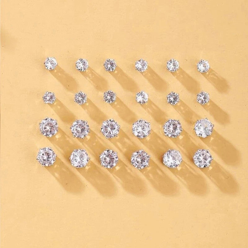 Silver Plated White Stud Earrings Set of 12 For Women