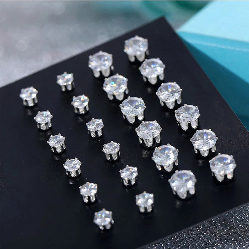 Silver Plated White Stud Earrings Set of 12 For Women