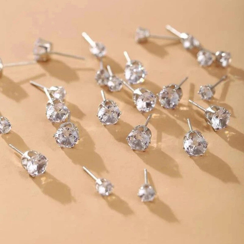 Silver Plated White Stud Earrings Set of 12 For Women