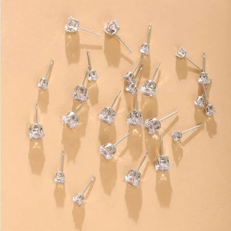 Silver Plated White Stud Earrings Set of 12 For Women