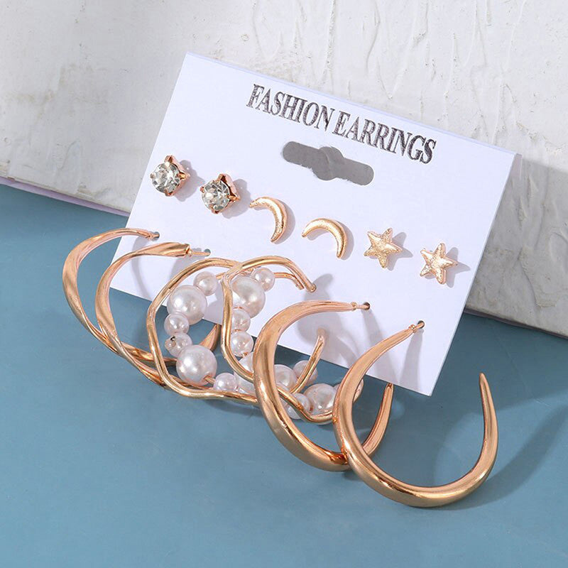 Gold Plated Contemporary Stars and Moon Studs and Hoop Earrings Set of 6 For Women